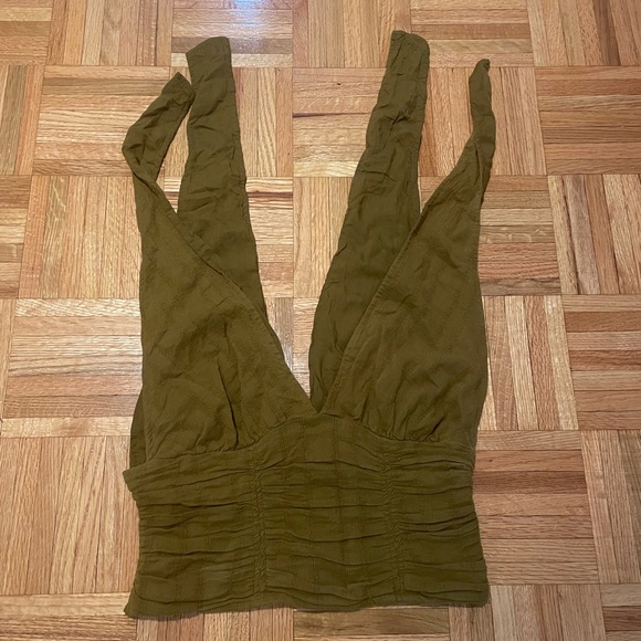 Free People Eva Smocked Tie Top Pintuck Olive Green - Picture 5 of 5